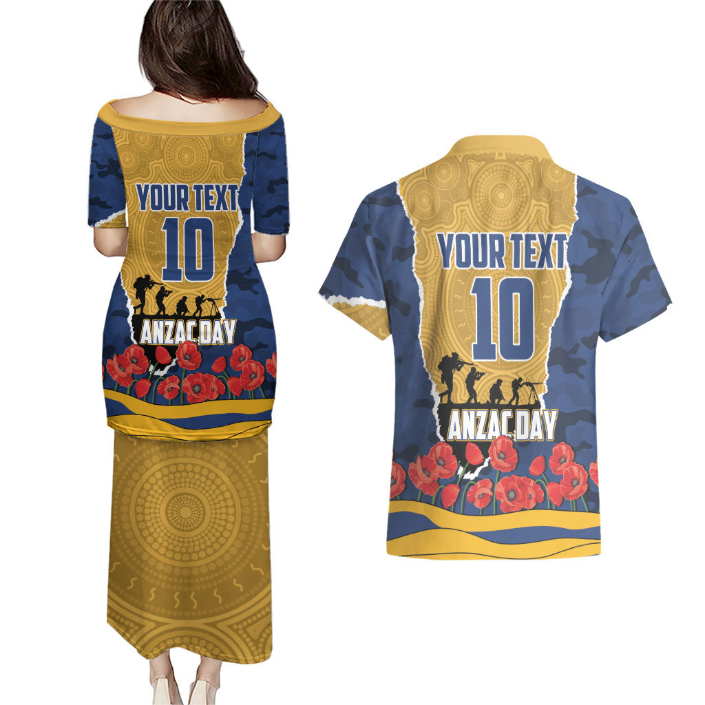 Personalized Parramatta Eels ANZAC Tribute Couples Matching Puletasi and Hawaiian Shirt Poppy Field Soldier Silhouette Aboriginal Rugby Mascot