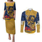 Personalized Parramatta Eels ANZAC Tribute Couples Matching Puletasi and Long Sleeve Button Shirt Poppy Field Soldier Silhouette Aboriginal Rugby Mascot