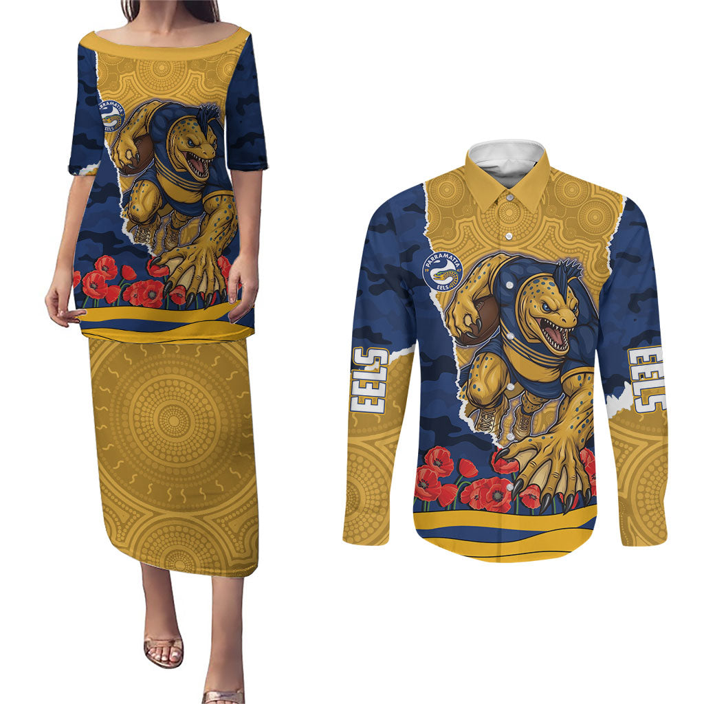 Personalized Parramatta Eels ANZAC Tribute Couples Matching Puletasi and Long Sleeve Button Shirt Poppy Field Soldier Silhouette Aboriginal Rugby Mascot