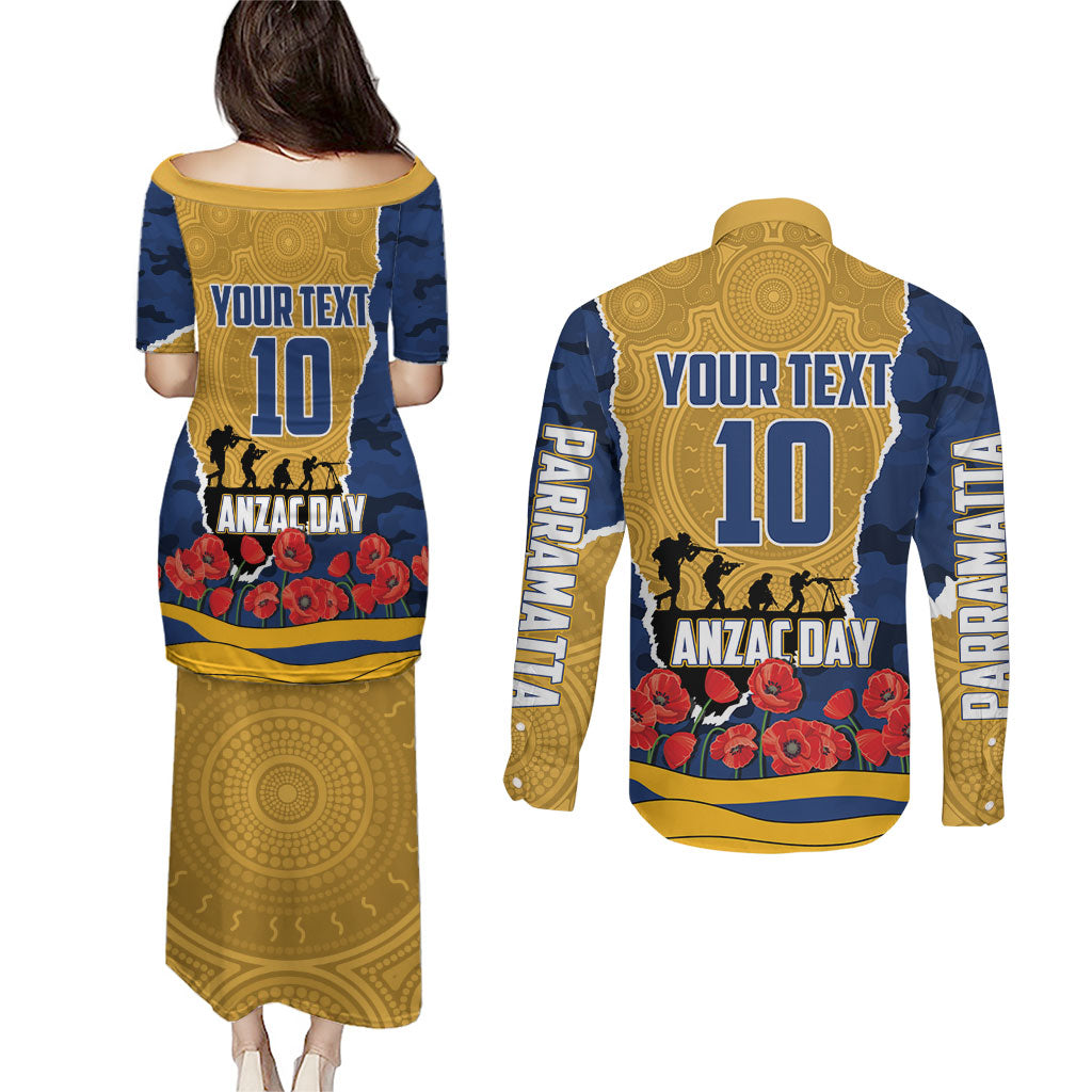 Personalized Parramatta Eels ANZAC Tribute Couples Matching Puletasi and Long Sleeve Button Shirt Poppy Field Soldier Silhouette Aboriginal Rugby Mascot