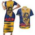 Personalized Parramatta Eels ANZAC Tribute Couples Matching Short Sleeve Bodycon Dress and Hawaiian Shirt Poppy Field Soldier Silhouette Aboriginal Rugby Mascot