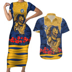 Personalized Parramatta Eels ANZAC Tribute Couples Matching Short Sleeve Bodycon Dress and Hawaiian Shirt Poppy Field Soldier Silhouette Aboriginal Rugby Mascot