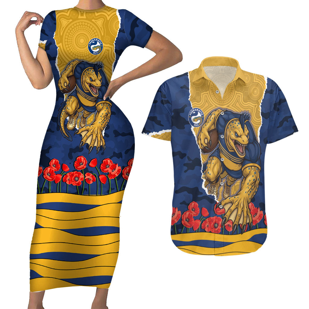 Personalized Parramatta Eels ANZAC Tribute Couples Matching Short Sleeve Bodycon Dress and Hawaiian Shirt Poppy Field Soldier Silhouette Aboriginal Rugby Mascot