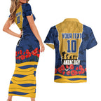 Personalized Parramatta Eels ANZAC Tribute Couples Matching Short Sleeve Bodycon Dress and Hawaiian Shirt Poppy Field Soldier Silhouette Aboriginal Rugby Mascot