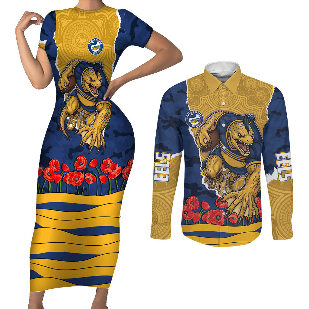 Personalized Parramatta Eels ANZAC Tribute Couples Matching Short Sleeve Bodycon Dress and Long Sleeve Button Shirt Poppy Field Soldier Silhouette Aboriginal Rugby Mascot