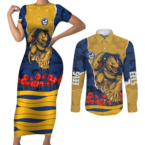 Personalized Parramatta Eels ANZAC Tribute Couples Matching Short Sleeve Bodycon Dress and Long Sleeve Button Shirt Poppy Field Soldier Silhouette Aboriginal Rugby Mascot