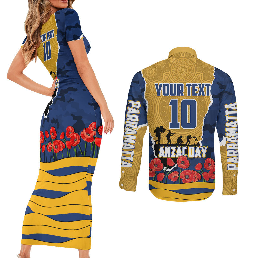 Personalized Parramatta Eels ANZAC Tribute Couples Matching Short Sleeve Bodycon Dress and Long Sleeve Button Shirt Poppy Field Soldier Silhouette Aboriginal Rugby Mascot