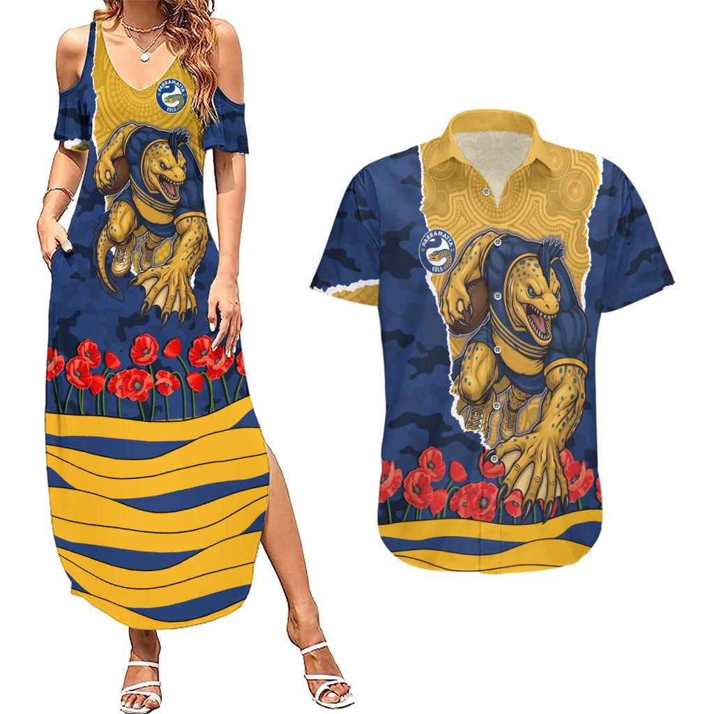 Personalized Parramatta Eels ANZAC Tribute Couples Matching Summer Maxi Dress and Hawaiian Shirt Poppy Field Soldier Silhouette Aboriginal Rugby Mascot