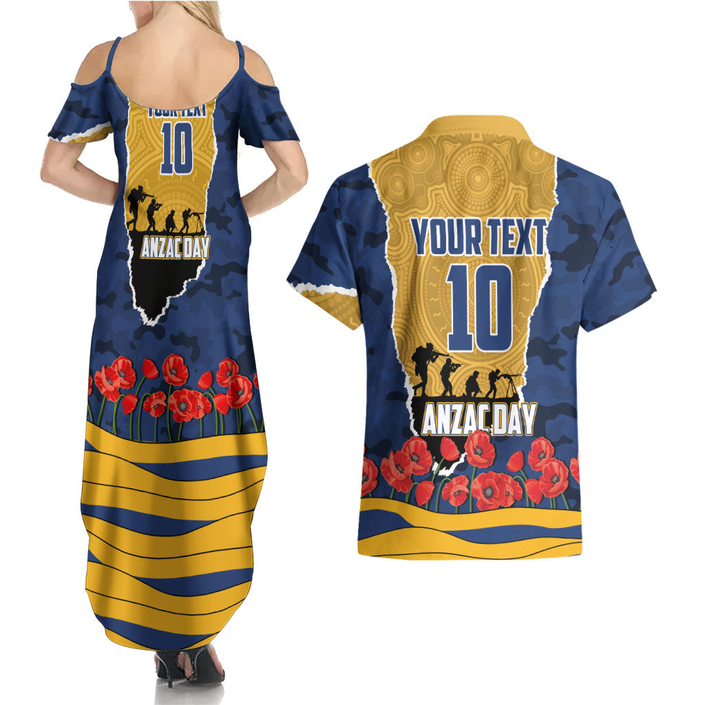 Personalized Parramatta Eels ANZAC Tribute Couples Matching Summer Maxi Dress and Hawaiian Shirt Poppy Field Soldier Silhouette Aboriginal Rugby Mascot