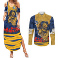 Personalized Parramatta Eels ANZAC Tribute Couples Matching Summer Maxi Dress and Long Sleeve Button Shirt Poppy Field Soldier Silhouette Aboriginal Rugby Mascot