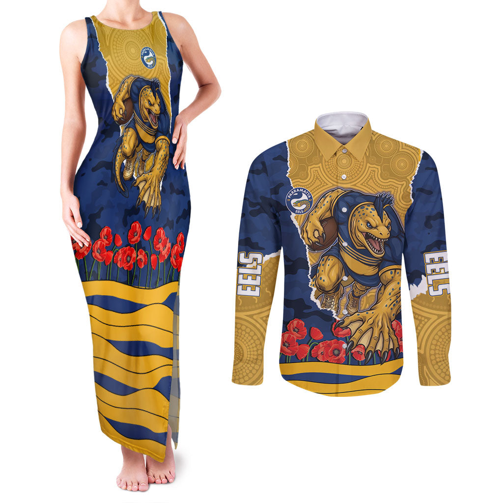 Personalized Parramatta Eels ANZAC Tribute Couples Matching Tank Maxi Dress and Long Sleeve Button Shirt Poppy Field Soldier Silhouette Aboriginal Rugby Mascot