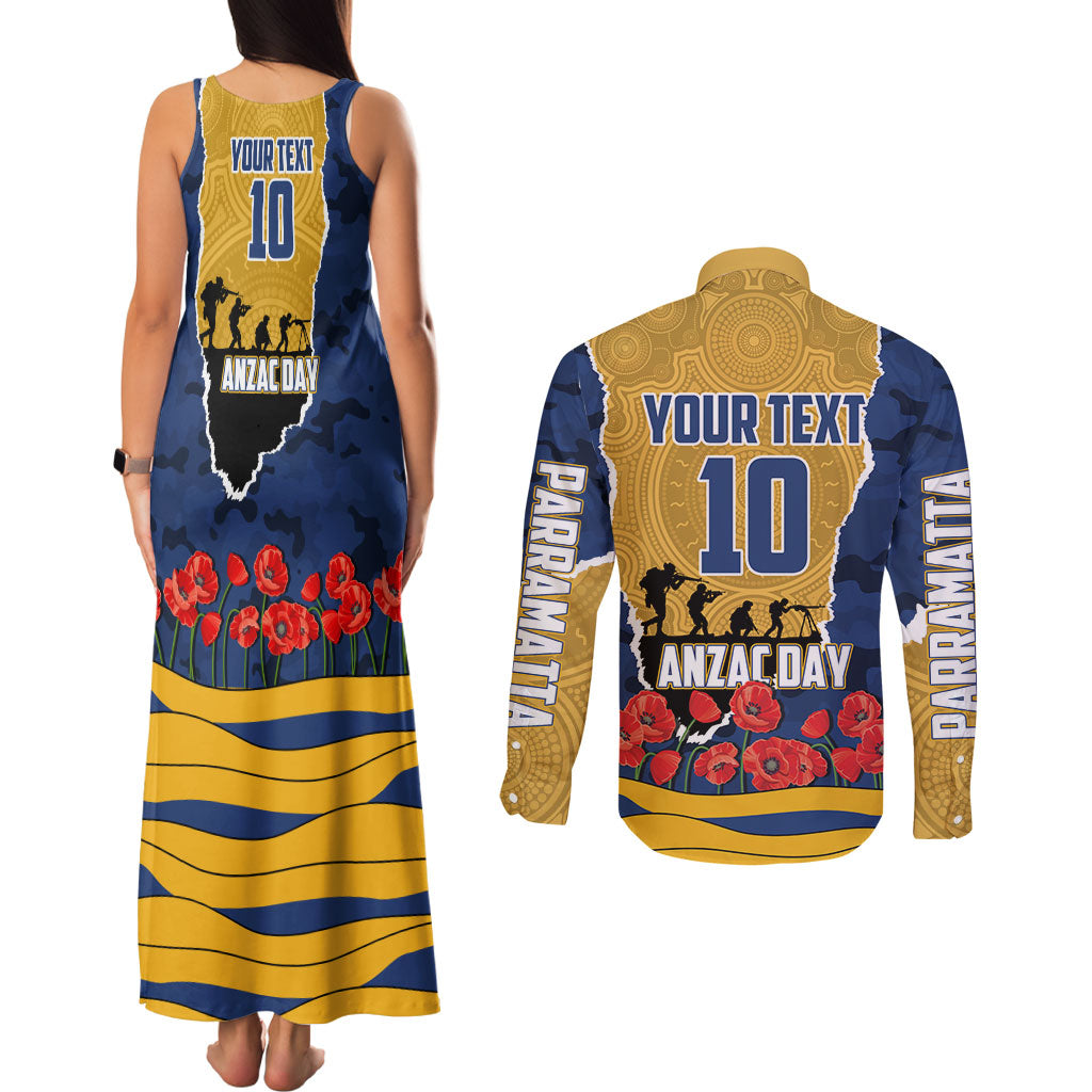 Personalized Parramatta Eels ANZAC Tribute Couples Matching Tank Maxi Dress and Long Sleeve Button Shirt Poppy Field Soldier Silhouette Aboriginal Rugby Mascot
