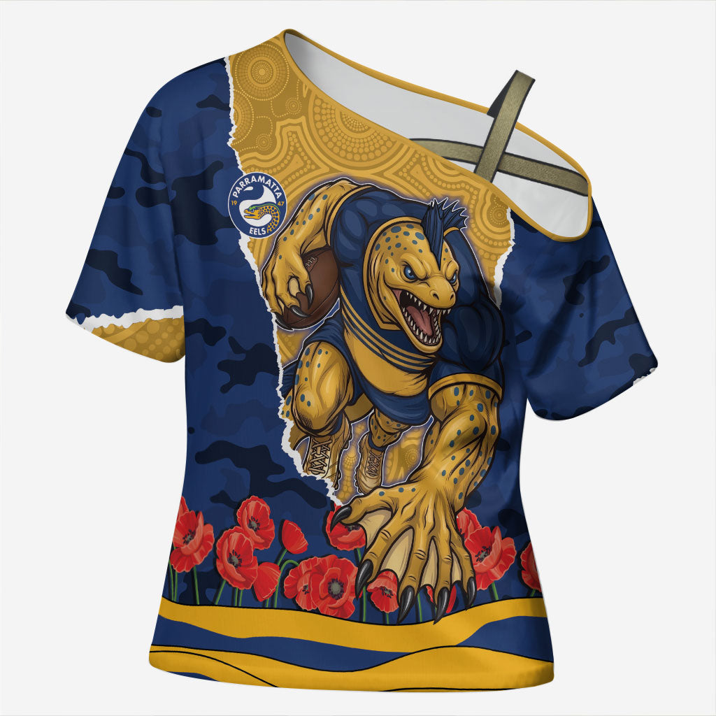 Personalized Parramatta Eels ANZAC Tribute Cross Shoulder Shirt Poppy Field Soldier Silhouette Aboriginal Rugby Mascot