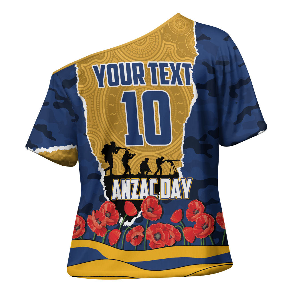 Personalized Parramatta Eels ANZAC Tribute Cross Shoulder Shirt Poppy Field Soldier Silhouette Aboriginal Rugby Mascot