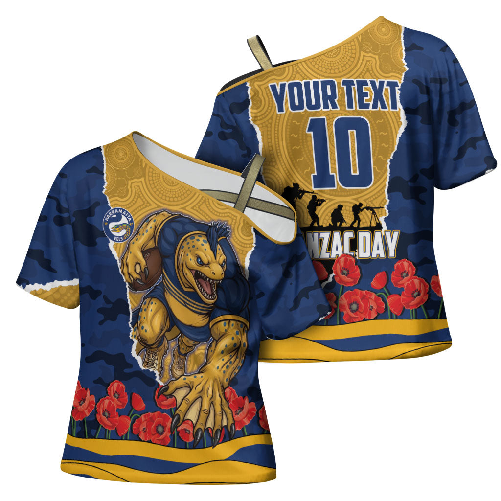 Personalized Parramatta Eels ANZAC Tribute Cross Shoulder Shirt Poppy Field Soldier Silhouette Aboriginal Rugby Mascot