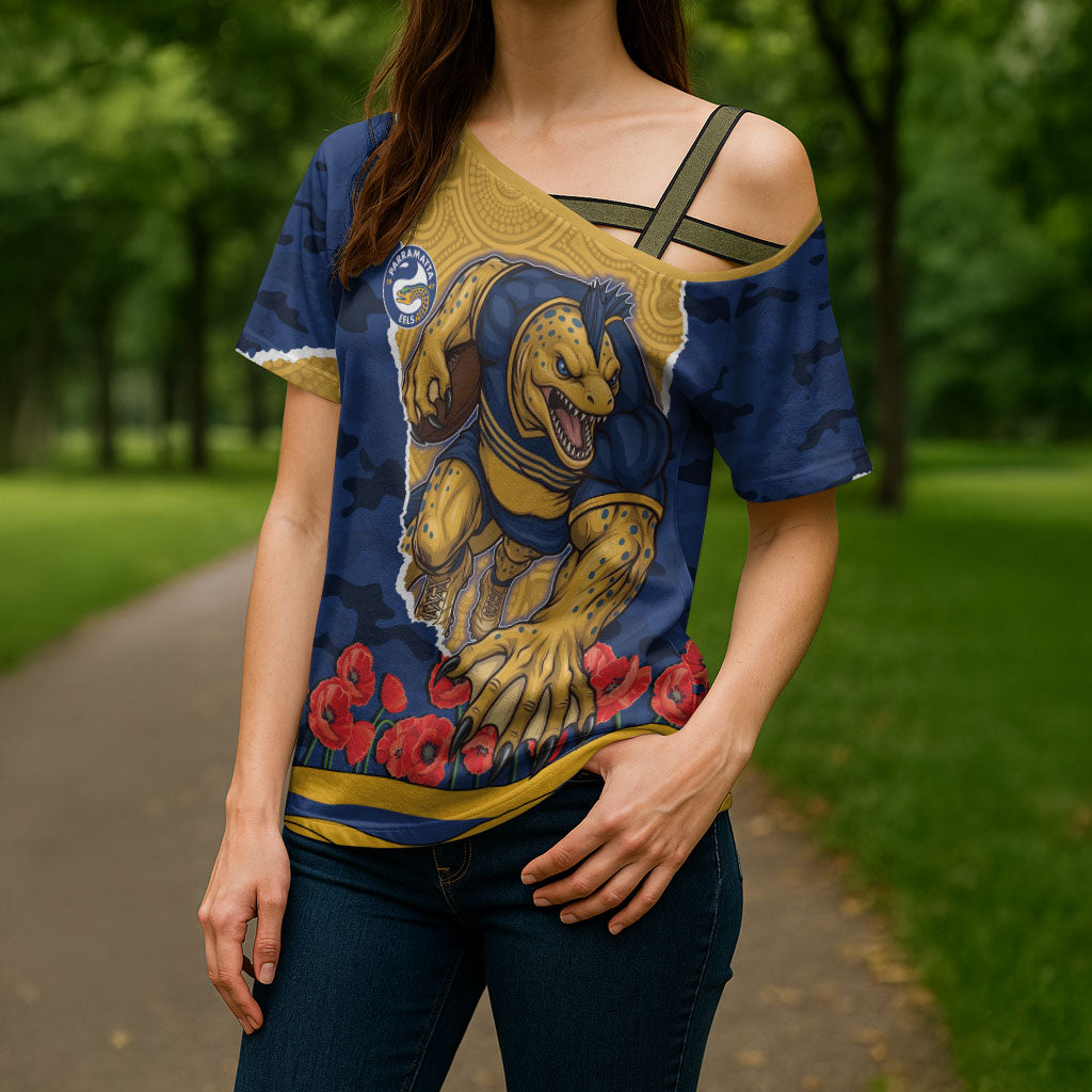 Personalized Parramatta Eels ANZAC Tribute Cross Shoulder Shirt Poppy Field Soldier Silhouette Aboriginal Rugby Mascot