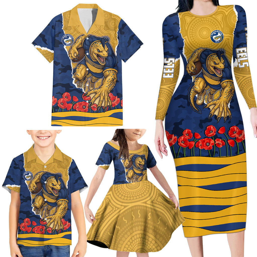 Personalized Parramatta Eels ANZAC Tribute Family Matching Long Sleeve Bodycon Dress and Hawaiian Shirt Poppy Field Soldier Silhouette Aboriginal Rugby Mascot