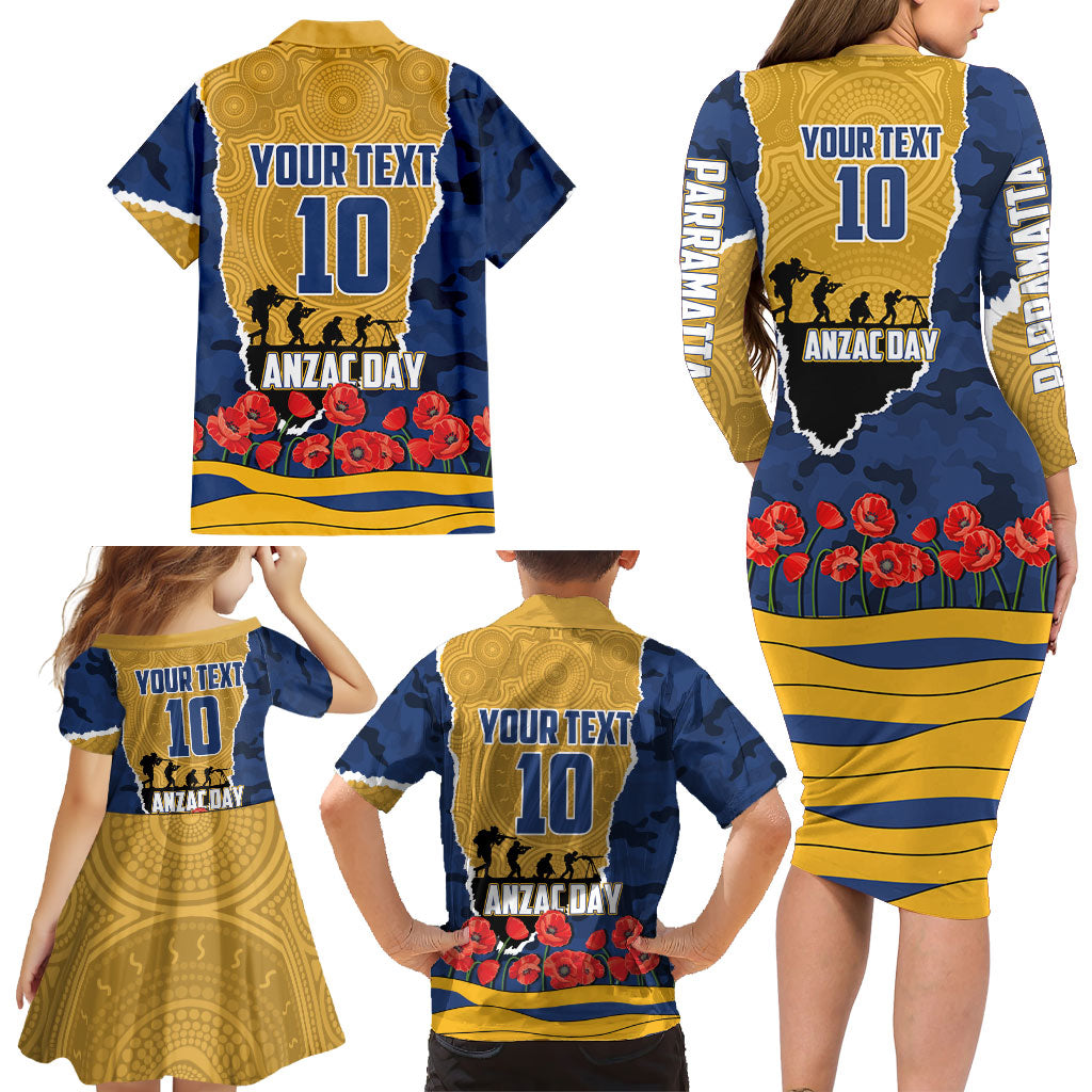 Personalized Parramatta Eels ANZAC Tribute Family Matching Long Sleeve Bodycon Dress and Hawaiian Shirt Poppy Field Soldier Silhouette Aboriginal Rugby Mascot