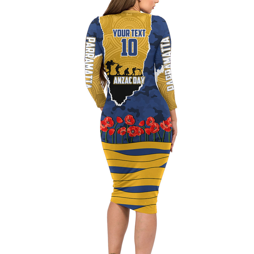 Personalized Parramatta Eels ANZAC Tribute Family Matching Long Sleeve Bodycon Dress and Hawaiian Shirt Poppy Field Soldier Silhouette Aboriginal Rugby Mascot