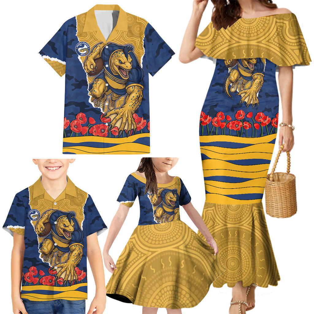 Personalized Parramatta Eels ANZAC Tribute Family Matching Mermaid Dress and Hawaiian Shirt Poppy Field Soldier Silhouette Aboriginal Rugby Mascot
