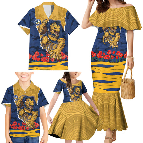 Personalized Parramatta Eels ANZAC Tribute Family Matching Mermaid Dress and Hawaiian Shirt Poppy Field Soldier Silhouette Aboriginal Rugby Mascot