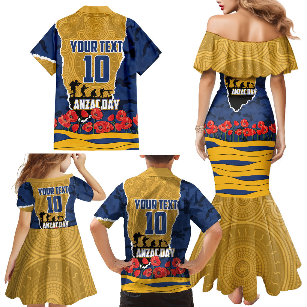 Personalized Parramatta Eels ANZAC Tribute Family Matching Mermaid Dress and Hawaiian Shirt Poppy Field Soldier Silhouette Aboriginal Rugby Mascot