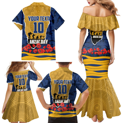 Personalized Parramatta Eels ANZAC Tribute Family Matching Mermaid Dress and Hawaiian Shirt Poppy Field Soldier Silhouette Aboriginal Rugby Mascot