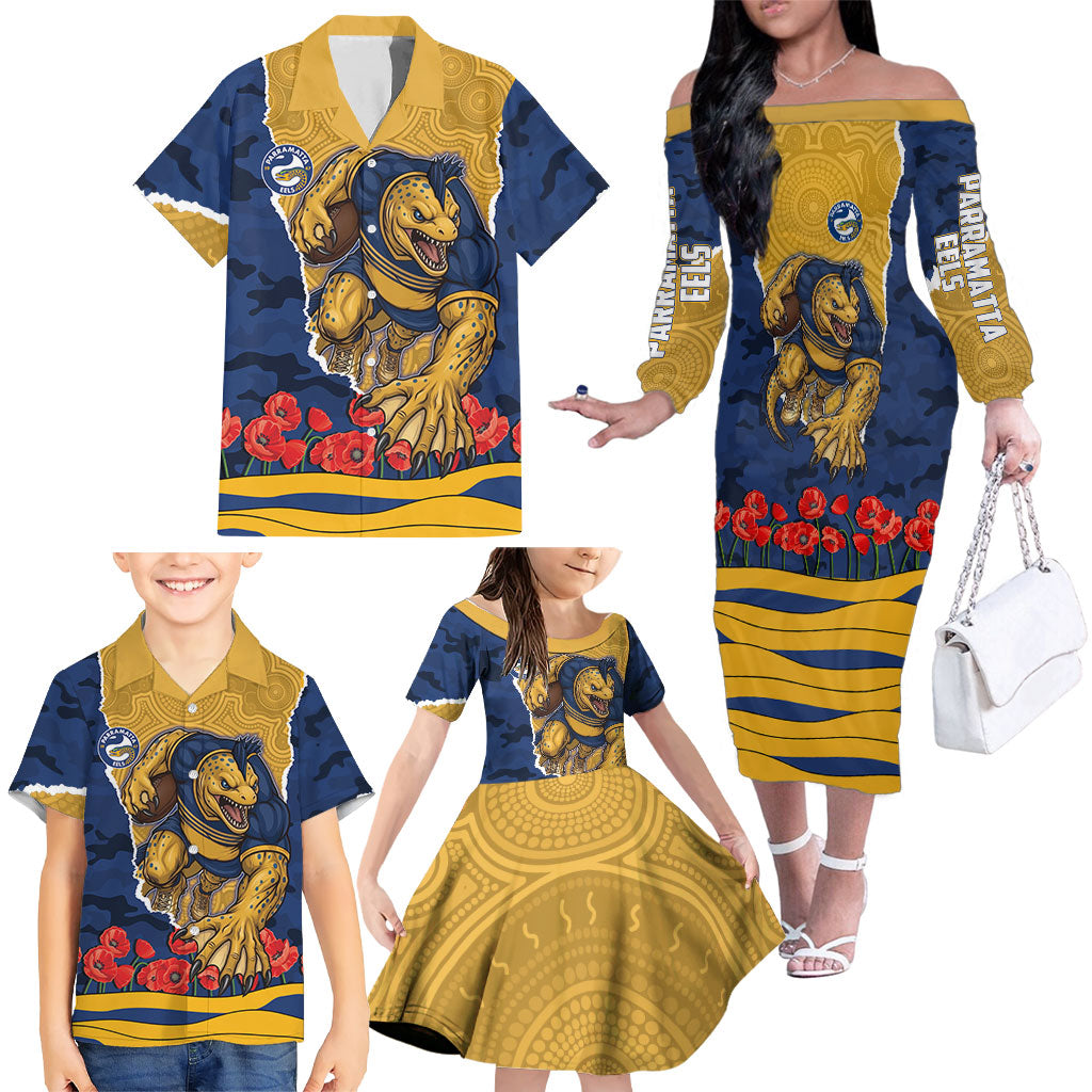 Personalized Parramatta Eels ANZAC Tribute Family Matching Off The Shoulder Long Sleeve Dress and Hawaiian Shirt Poppy Field Soldier Silhouette Aboriginal Rugby Mascot