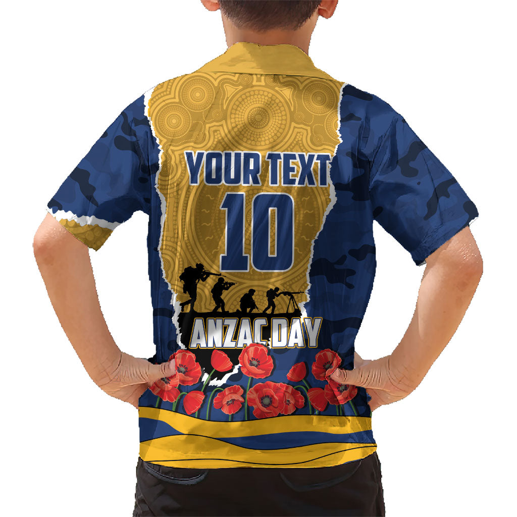 Personalized Parramatta Eels ANZAC Tribute Family Matching Off The Shoulder Long Sleeve Dress and Hawaiian Shirt Poppy Field Soldier Silhouette Aboriginal Rugby Mascot