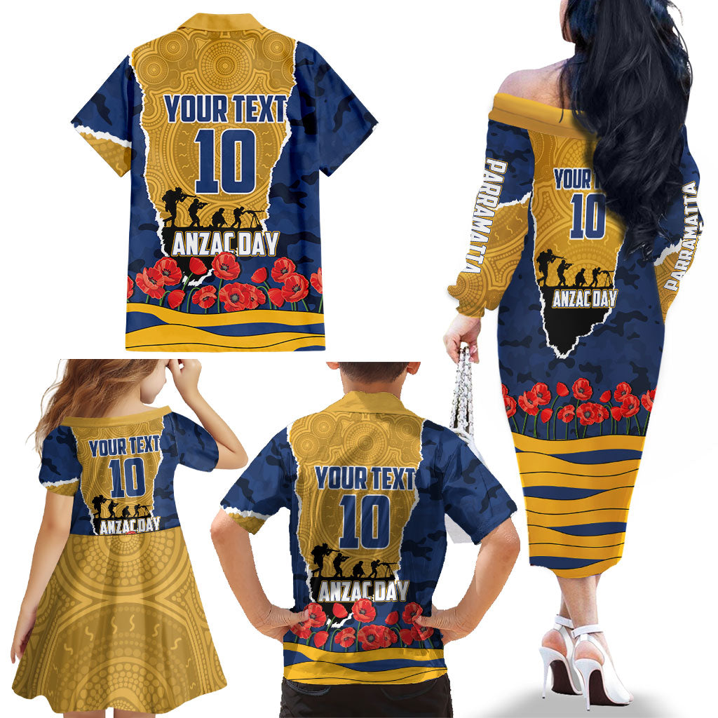 Personalized Parramatta Eels ANZAC Tribute Family Matching Off The Shoulder Long Sleeve Dress and Hawaiian Shirt Poppy Field Soldier Silhouette Aboriginal Rugby Mascot
