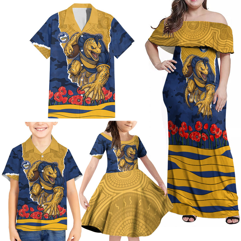 Personalized Parramatta Eels ANZAC Tribute Family Matching Off Shoulder Maxi Dress and Hawaiian Shirt Poppy Field Soldier Silhouette Aboriginal Rugby Mascot