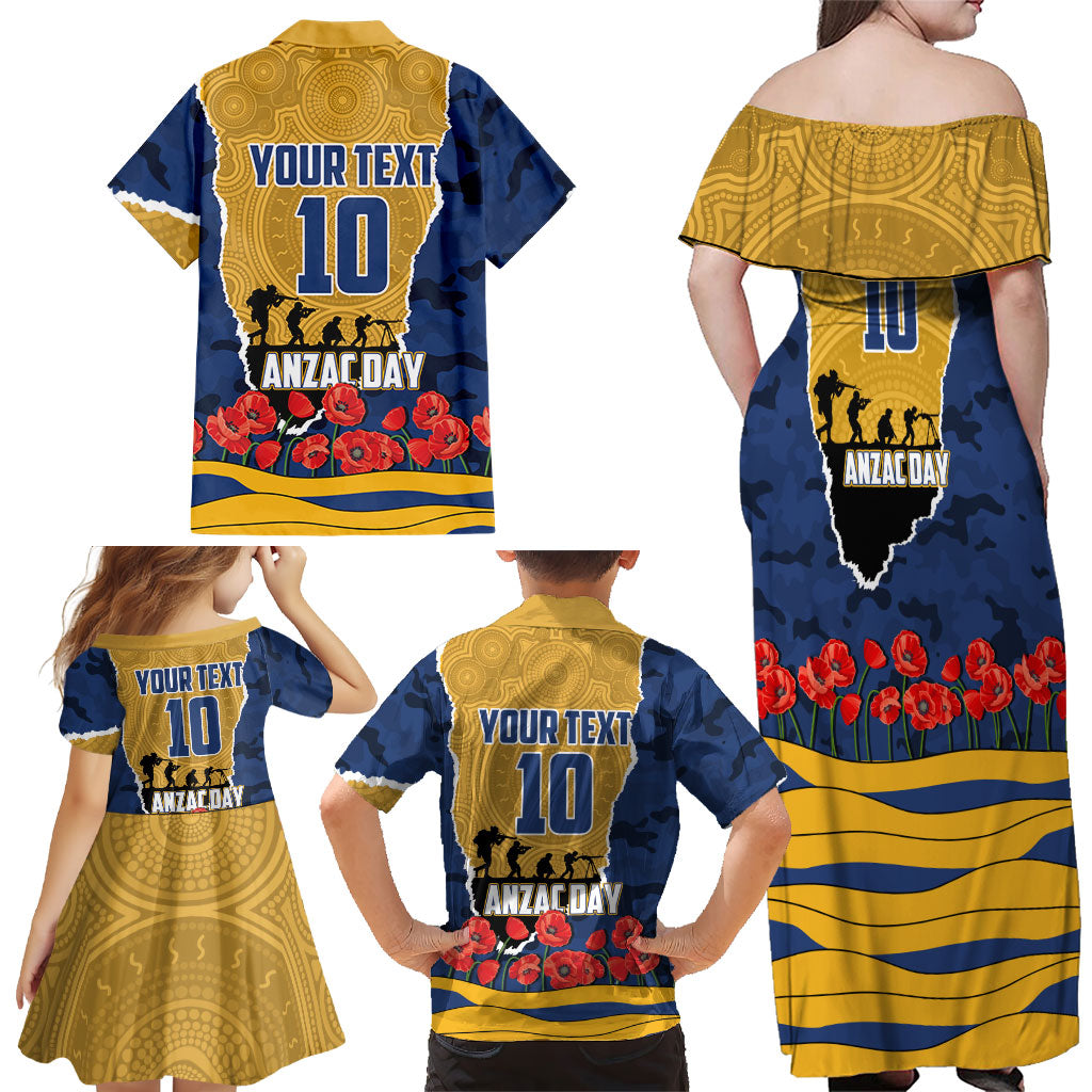 Personalized Parramatta Eels ANZAC Tribute Family Matching Off Shoulder Maxi Dress and Hawaiian Shirt Poppy Field Soldier Silhouette Aboriginal Rugby Mascot