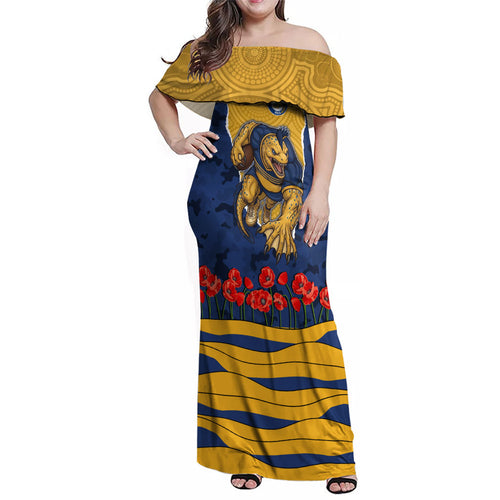 Personalized Parramatta Eels ANZAC Tribute Family Matching Off Shoulder Maxi Dress and Hawaiian Shirt Poppy Field Soldier Silhouette Aboriginal Rugby Mascot