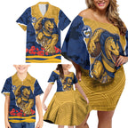 Personalized Parramatta Eels ANZAC Tribute Family Matching Off Shoulder Short Dress and Hawaiian Shirt Poppy Field Soldier Silhouette Aboriginal Rugby Mascot