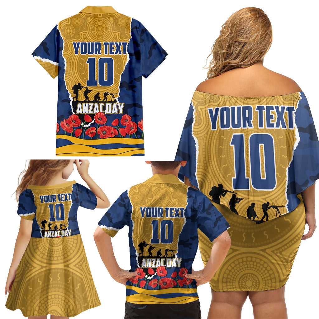 Personalized Parramatta Eels ANZAC Tribute Family Matching Off Shoulder Short Dress and Hawaiian Shirt Poppy Field Soldier Silhouette Aboriginal Rugby Mascot