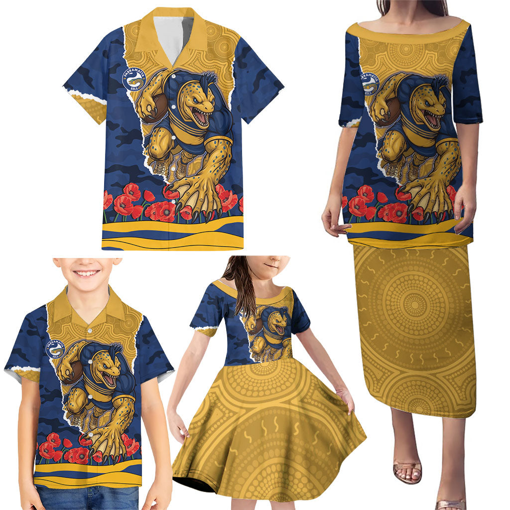 Personalized Parramatta Eels ANZAC Tribute Family Matching Puletasi and Hawaiian Shirt Poppy Field Soldier Silhouette Aboriginal Rugby Mascot