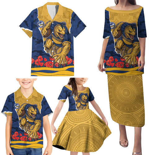 Personalized Parramatta Eels ANZAC Tribute Family Matching Puletasi and Hawaiian Shirt Poppy Field Soldier Silhouette Aboriginal Rugby Mascot