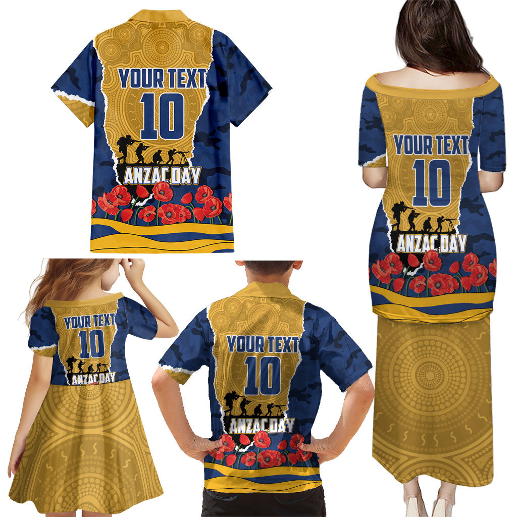 Personalized Parramatta Eels ANZAC Tribute Family Matching Puletasi and Hawaiian Shirt Poppy Field Soldier Silhouette Aboriginal Rugby Mascot