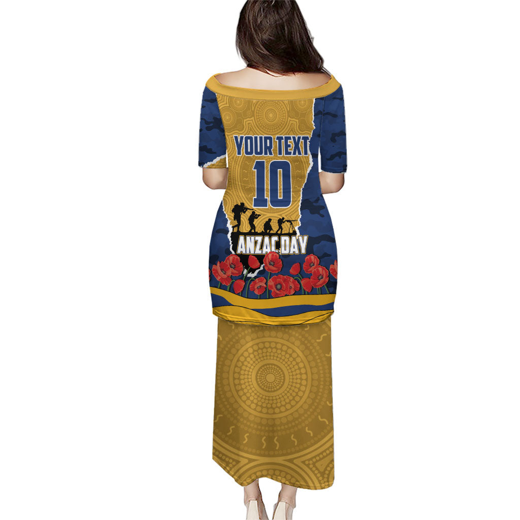 Personalized Parramatta Eels ANZAC Tribute Family Matching Puletasi and Hawaiian Shirt Poppy Field Soldier Silhouette Aboriginal Rugby Mascot