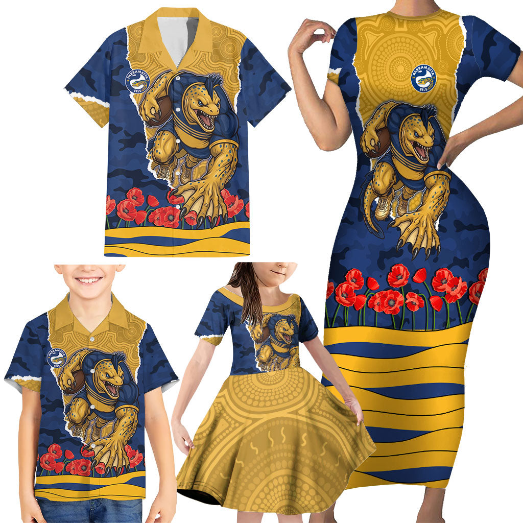 Personalized Parramatta Eels ANZAC Tribute Family Matching Short Sleeve Bodycon Dress and Hawaiian Shirt Poppy Field Soldier Silhouette Aboriginal Rugby Mascot