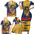 Personalized Parramatta Eels ANZAC Tribute Family Matching Short Sleeve Bodycon Dress and Hawaiian Shirt Poppy Field Soldier Silhouette Aboriginal Rugby Mascot