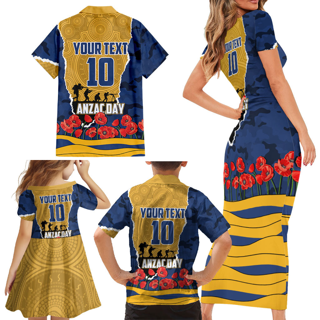 Personalized Parramatta Eels ANZAC Tribute Family Matching Short Sleeve Bodycon Dress and Hawaiian Shirt Poppy Field Soldier Silhouette Aboriginal Rugby Mascot