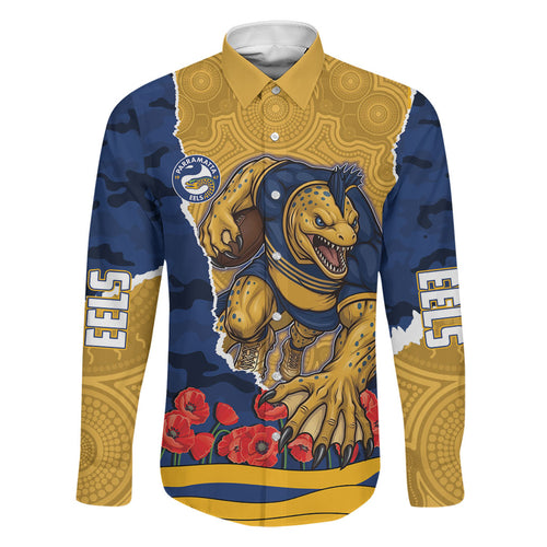 Personalized Parramatta Eels ANZAC Tribute Family Matching Short Sleeve Bodycon Dress and Hawaiian Shirt Poppy Field Soldier Silhouette Aboriginal Rugby Mascot