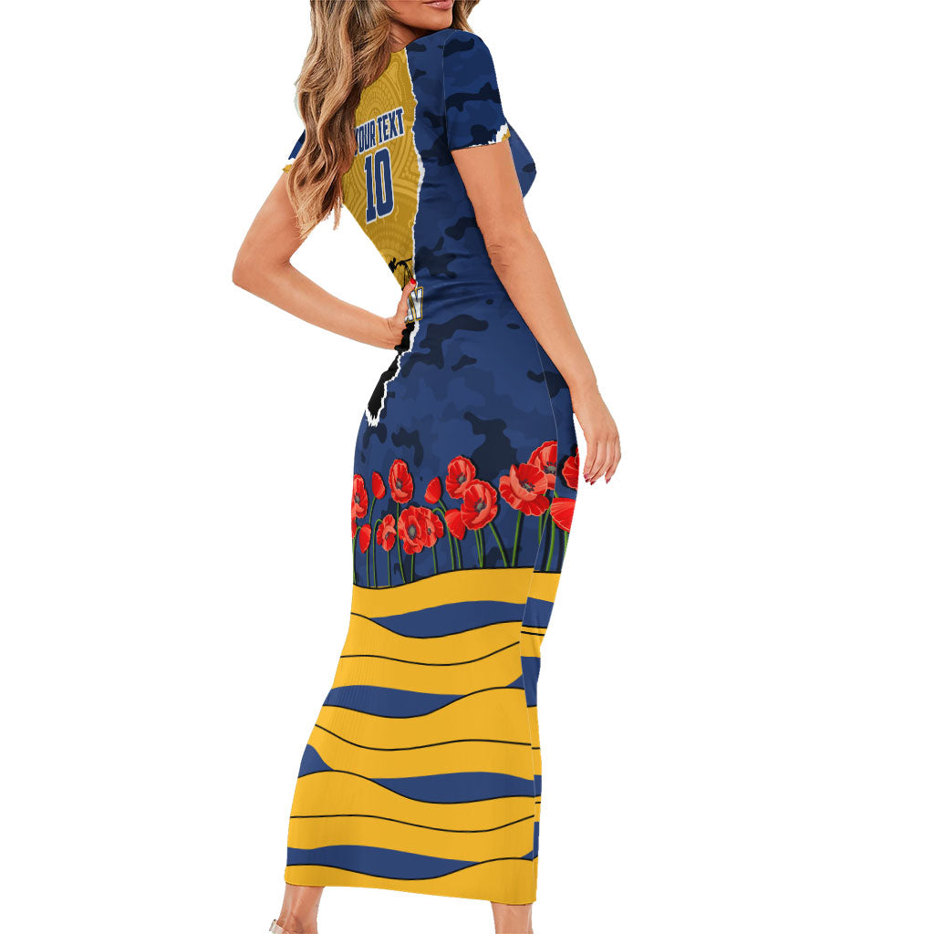 Personalized Parramatta Eels ANZAC Tribute Family Matching Short Sleeve Bodycon Dress and Hawaiian Shirt Poppy Field Soldier Silhouette Aboriginal Rugby Mascot