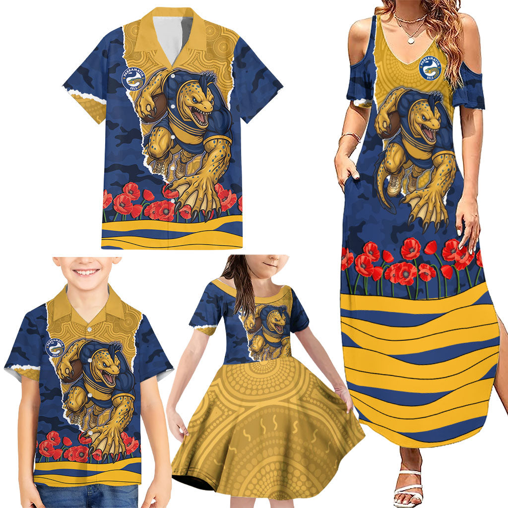 Personalized Parramatta Eels ANZAC Tribute Family Matching Summer Maxi Dress and Hawaiian Shirt Poppy Field Soldier Silhouette Aboriginal Rugby Mascot