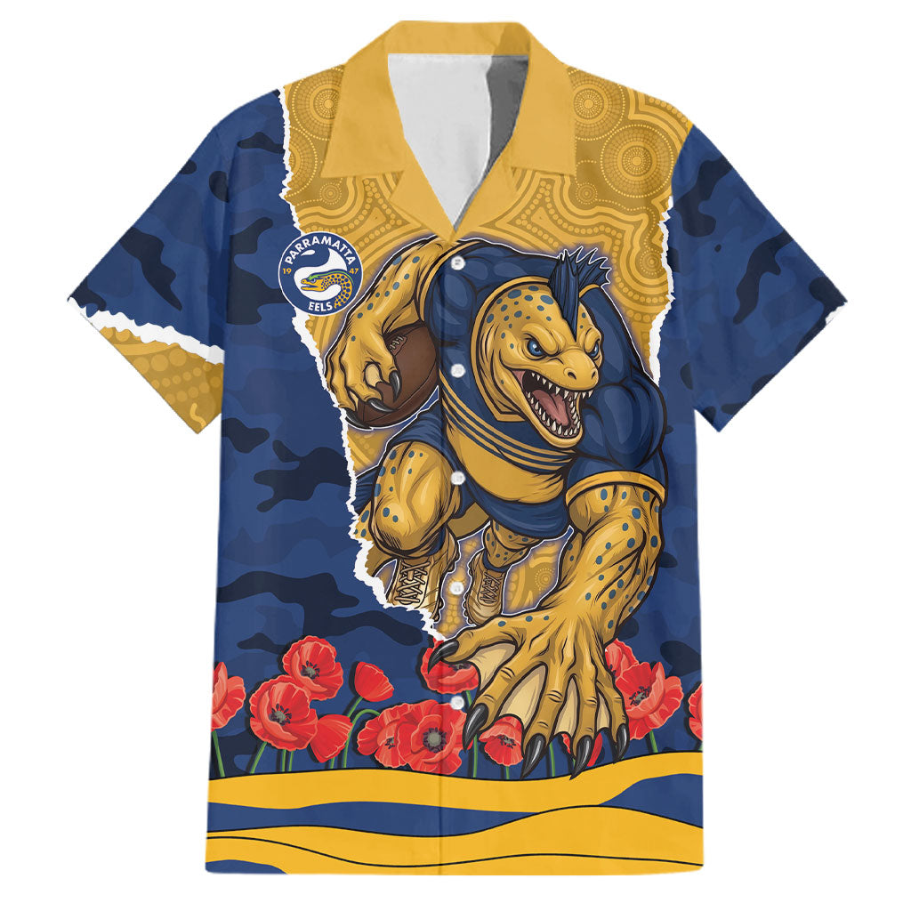 Personalized Parramatta Eels ANZAC Tribute Family Matching Summer Maxi Dress and Hawaiian Shirt Poppy Field Soldier Silhouette Aboriginal Rugby Mascot