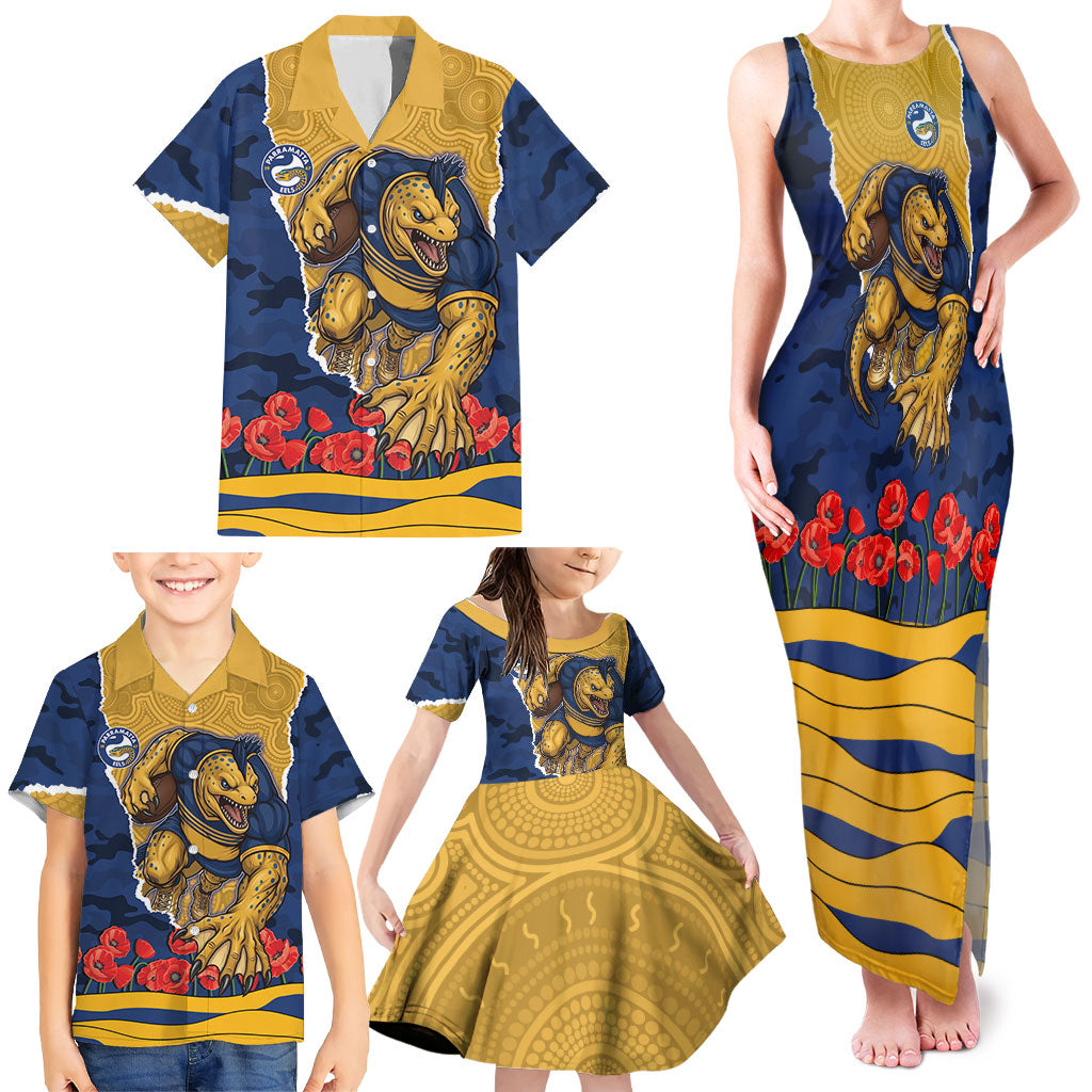 Personalized Parramatta Eels ANZAC Tribute Family Matching Tank Maxi Dress and Hawaiian Shirt Poppy Field Soldier Silhouette Aboriginal Rugby Mascot