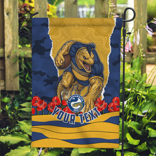 Personalized Parramatta Eels ANZAC Tribute Garden Flag Poppy Field Soldier Silhouette Aboriginal Rugby Mascot