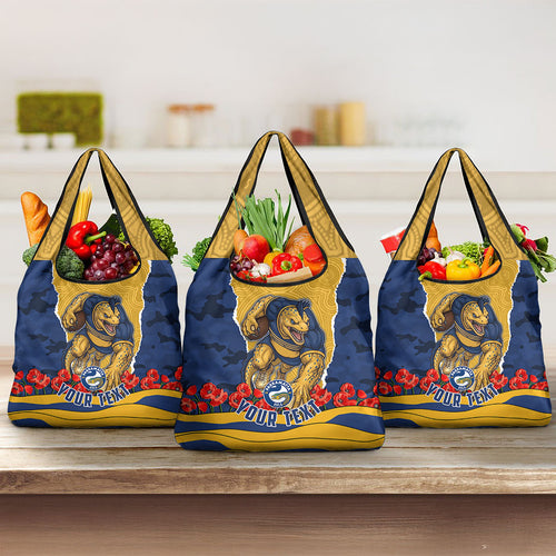 Personalized Parramatta Eels ANZAC Tribute Grocery Bag Poppy Field Soldier Silhouette Aboriginal Rugby Mascot