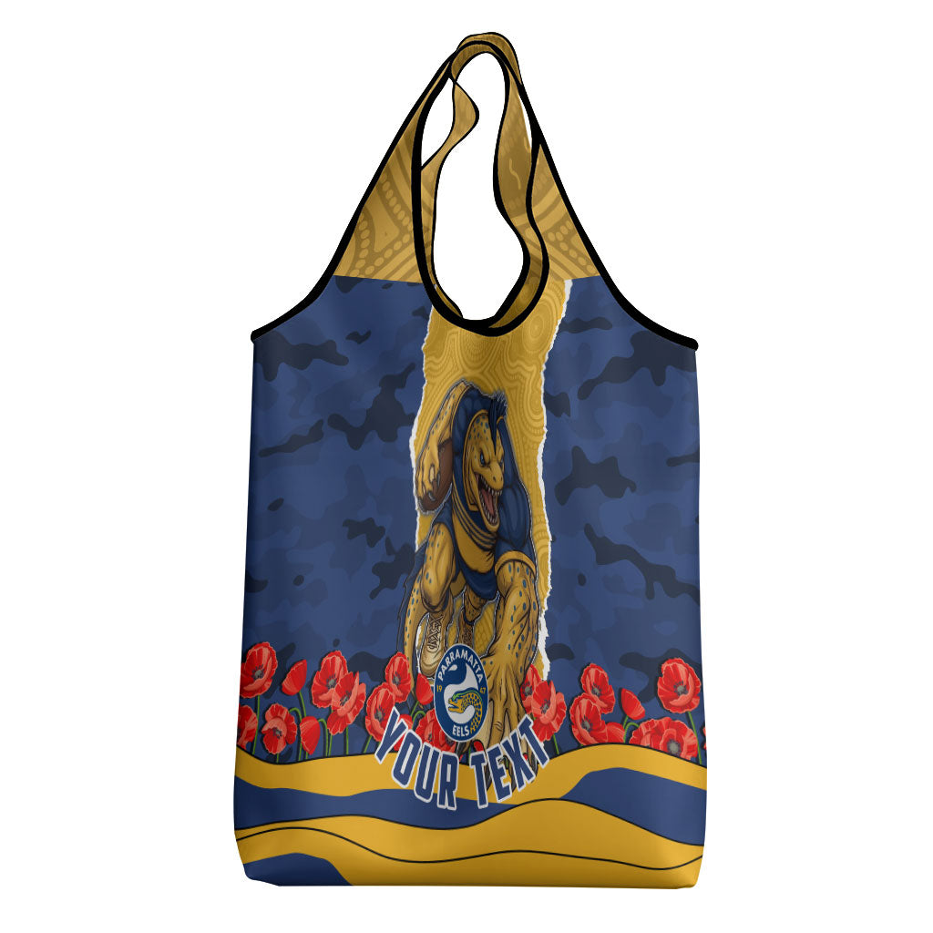 Personalized Parramatta Eels ANZAC Tribute Grocery Bag Poppy Field Soldier Silhouette Aboriginal Rugby Mascot